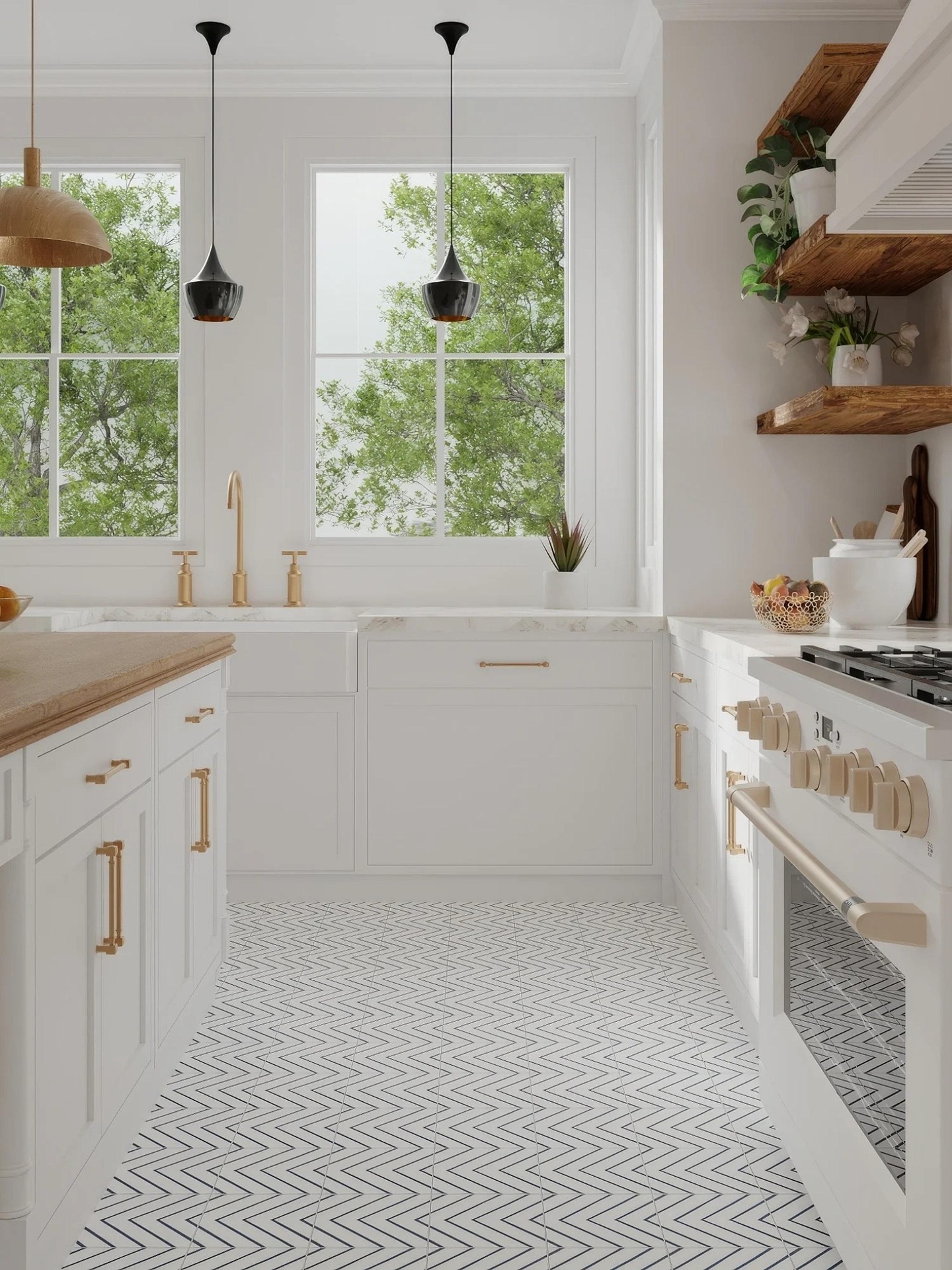 Bright, updated kitchen with white cabinetry and gold fixtures